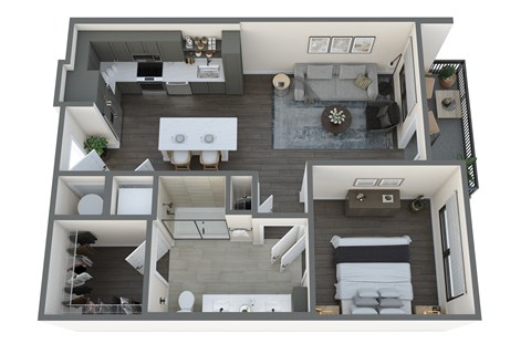 Floor plan for 1 bed, 1 bath, 715 sqft